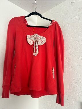 Anthropologie Women's Coral Hooded Sweatshirt with Floral Bow Detail, pockets